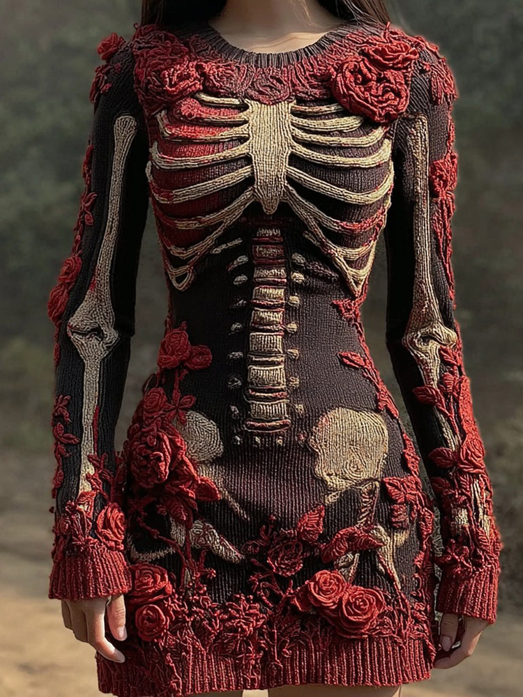 Vintage Halloween Skeleton Art Knit Sweater Dress