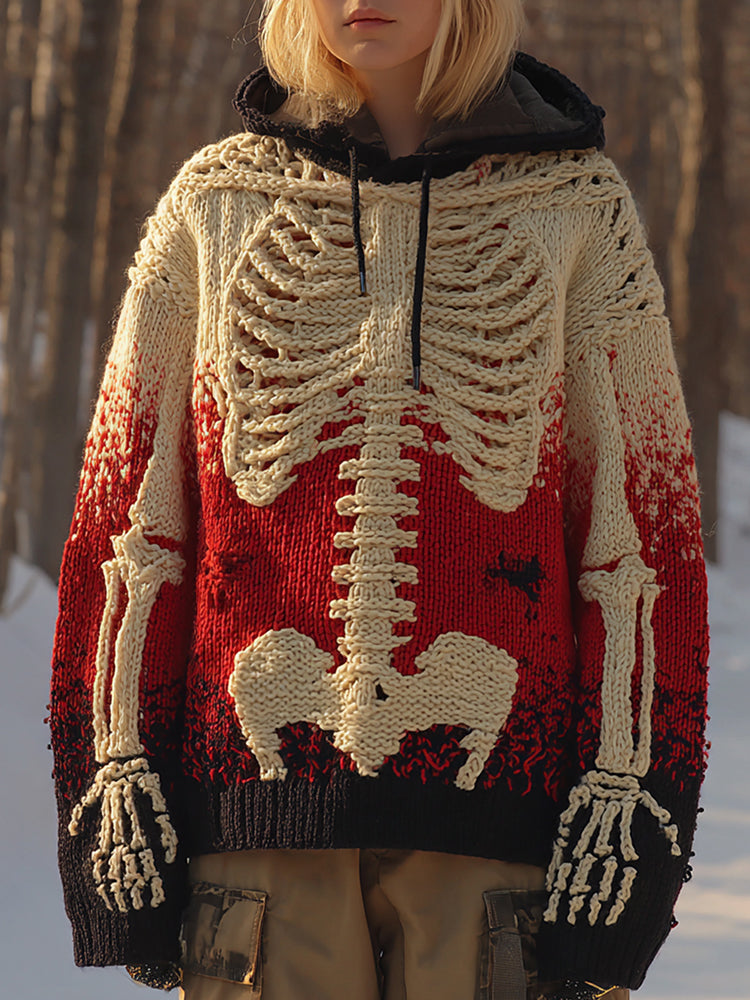 Vintage Halloween Anatomy Gradient Chunky Knitted Hooded Sweater