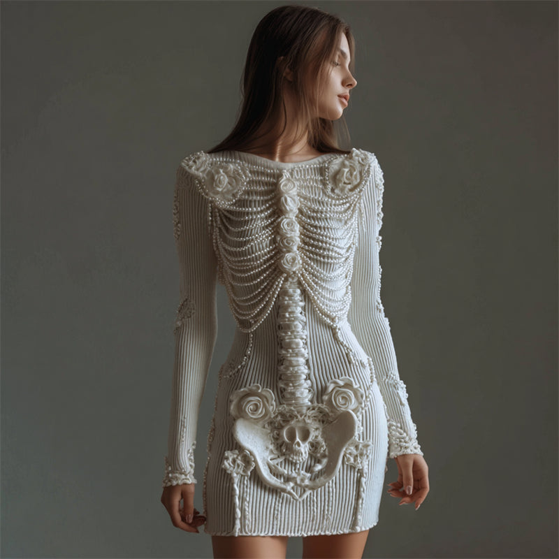 Classy Roses Skeleton Pearls Beaded Cozy Knit Sweater Dress