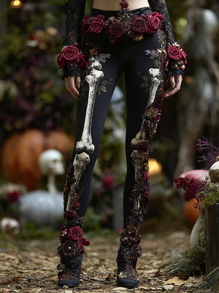 Women's Vintage Rose Skull Art Casual Leggings