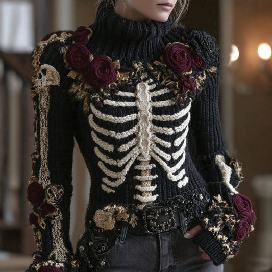 Women's Vintage Skeleton Rose Art Cozy Knit Turtleneck Sweater
