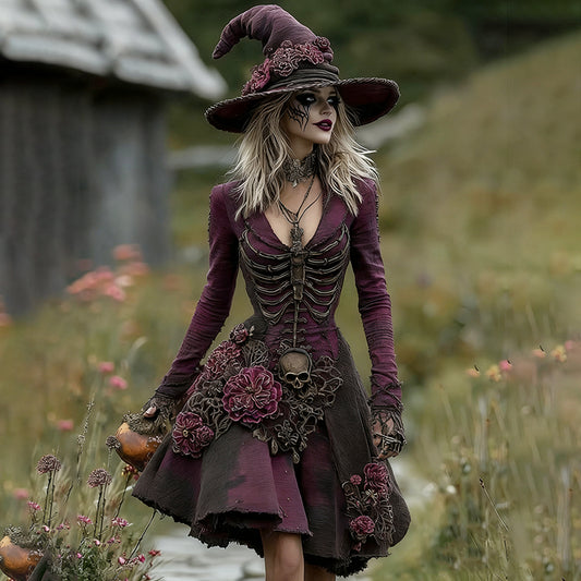 Women's Skull Floral Embroidery Ombre Witch Midi Dress