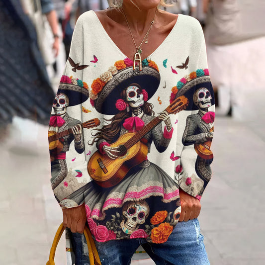 Classy Mexican Sugar Dia De Los Muertos Day Of The Dead Inspired Pattern Art Printed V-Neck T-Shirt