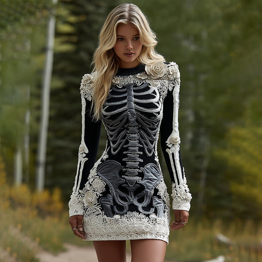 Women's Halloween Skeleton Bones Leather With Rose Pattern Art Hot Sexy Style Cozy Knit Mini Sweater Dress