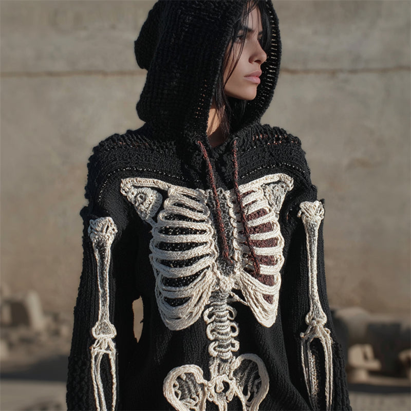 Vintage Skeleton Anatomy Beaded Hooded Cozy Knit Sweater