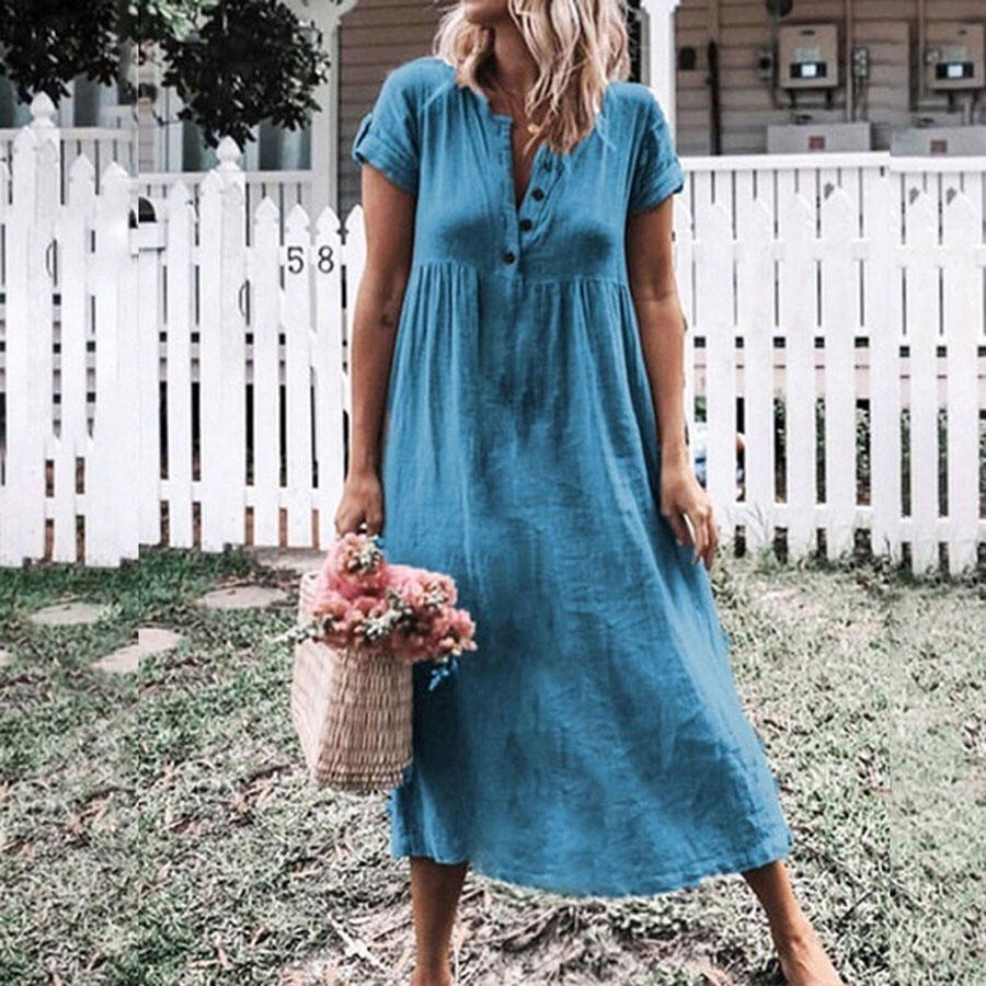 Airrys™ Pure Color Casual Cotton Blend Short Sleeve Dress