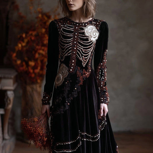 Vintage Glitter Beads Skeleton Floral Cozy Velvet Maxi Dress