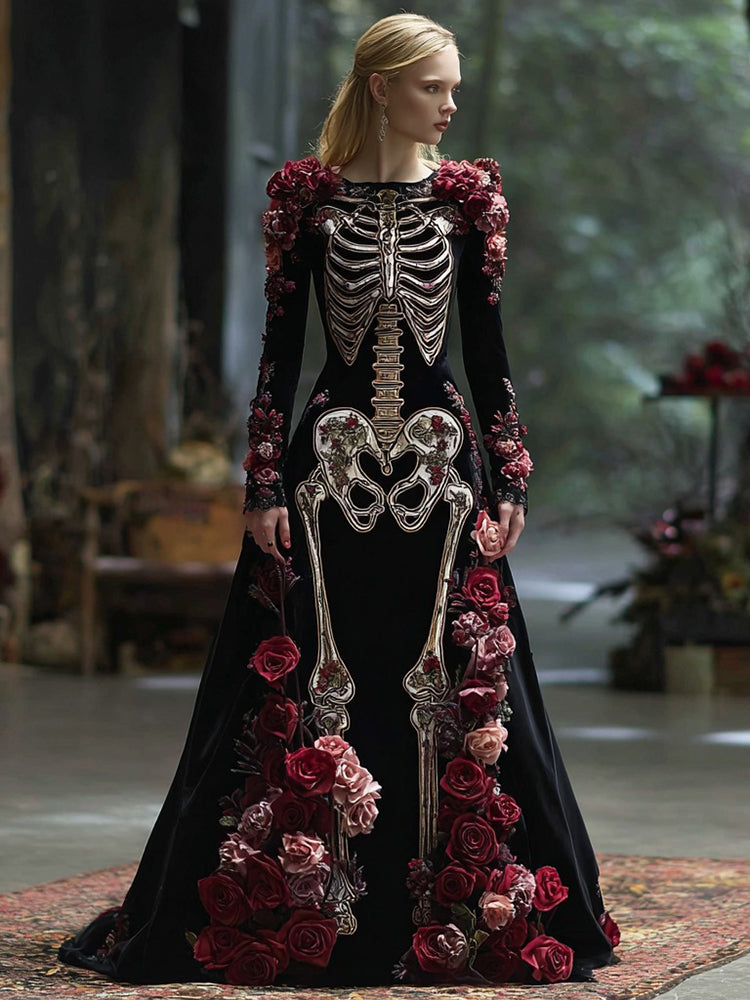 Women's Vintage Rose Skeleton Romantic Classic Velvet Maxi Dress
