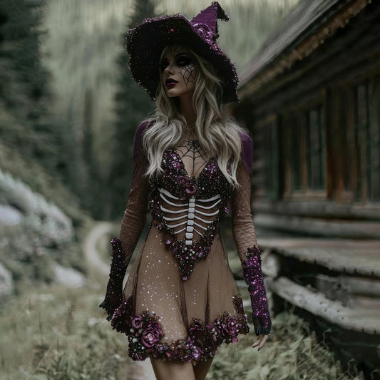 Women's Witch Rhinestone Skull Flower Midi Dress