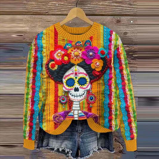 Classy Mexican Sugar Skeleton Catrina Day Of The Dead Inspired Embroidery Art Print Knitted Pullover Sweater