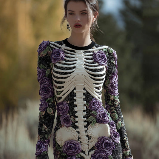 Women's Vintage Halloween Skeleton Bones With Rose Art Cozy Knit Mini Sweater Dress