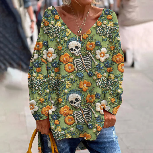Mexican Day Of The Dead Skull Print V-Neck Loose T-Shirt