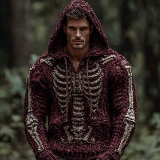 Men's Halloween Skeleton Art Knit Hooded Sweater
