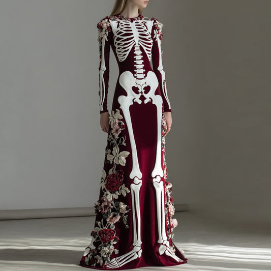 Women's Vintage Skull Rose Comfortable Elegant Velvet Maxi Dress