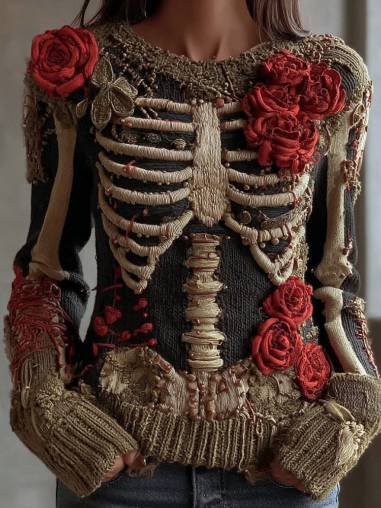 Women's Vintage Skeleton Red Rose Art Knit Pullover Sweater