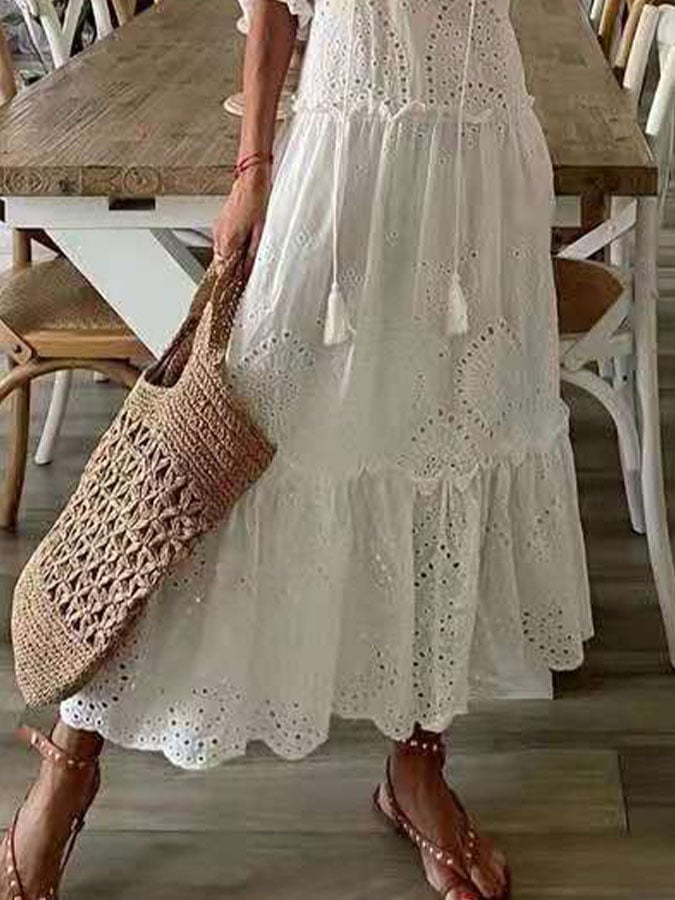 Solid Color V Neck Lace Long Dress