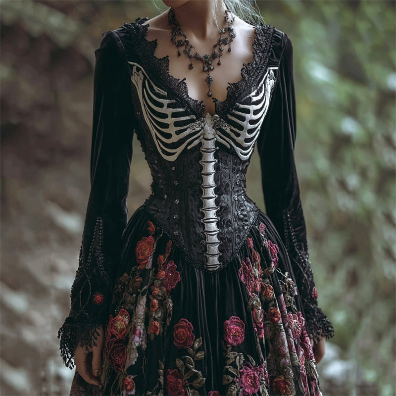 Vintage Skeleton Red Roses Embroidered Velvet Maxi Dress