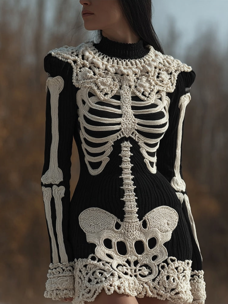 Women's Halloween Skeleton Flower Lace Embroidered Round Neck Mini Skirt