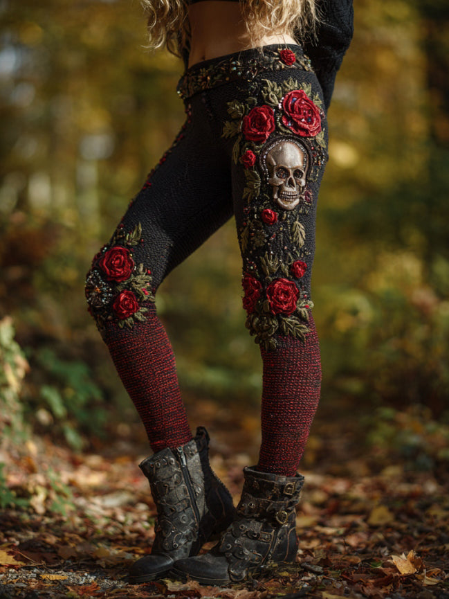 Women's Vintage Skull And Rose Pattern Comfortable Leggings