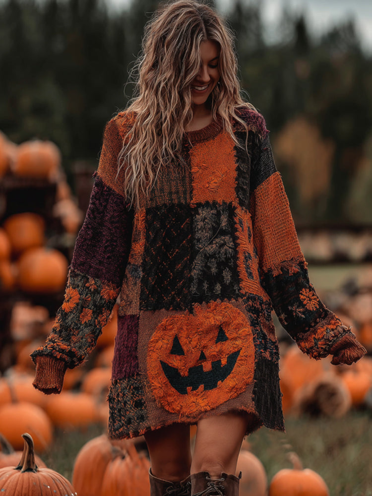 Vintage Halloween Pumpkin Face With Floral Patchwork Art Linen Cozy Knit Sweater Dress