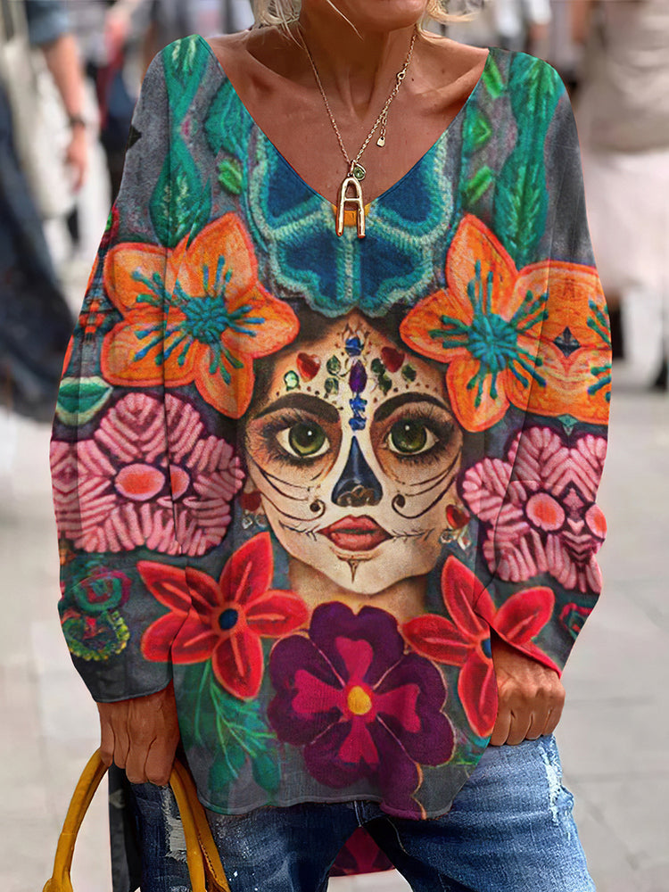 Classy Mexican Sugar La Catrina Day Of The Dead Inspired Pattern Art Printed V-Neck T-Shirt