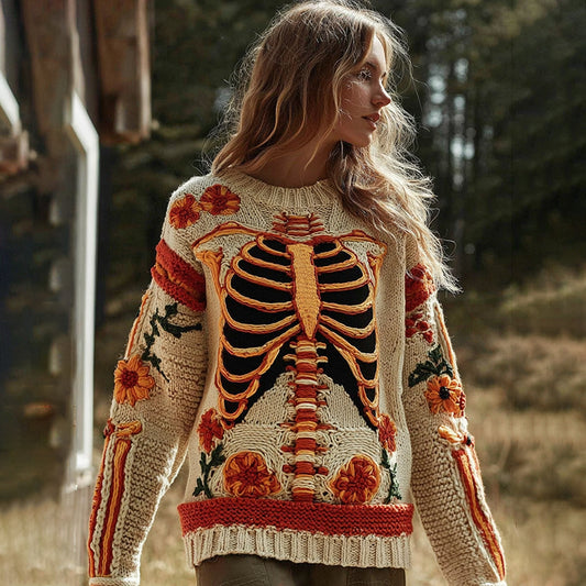Vintage Halloween Anatomy With Floral Art Chunky Knitted Sweater