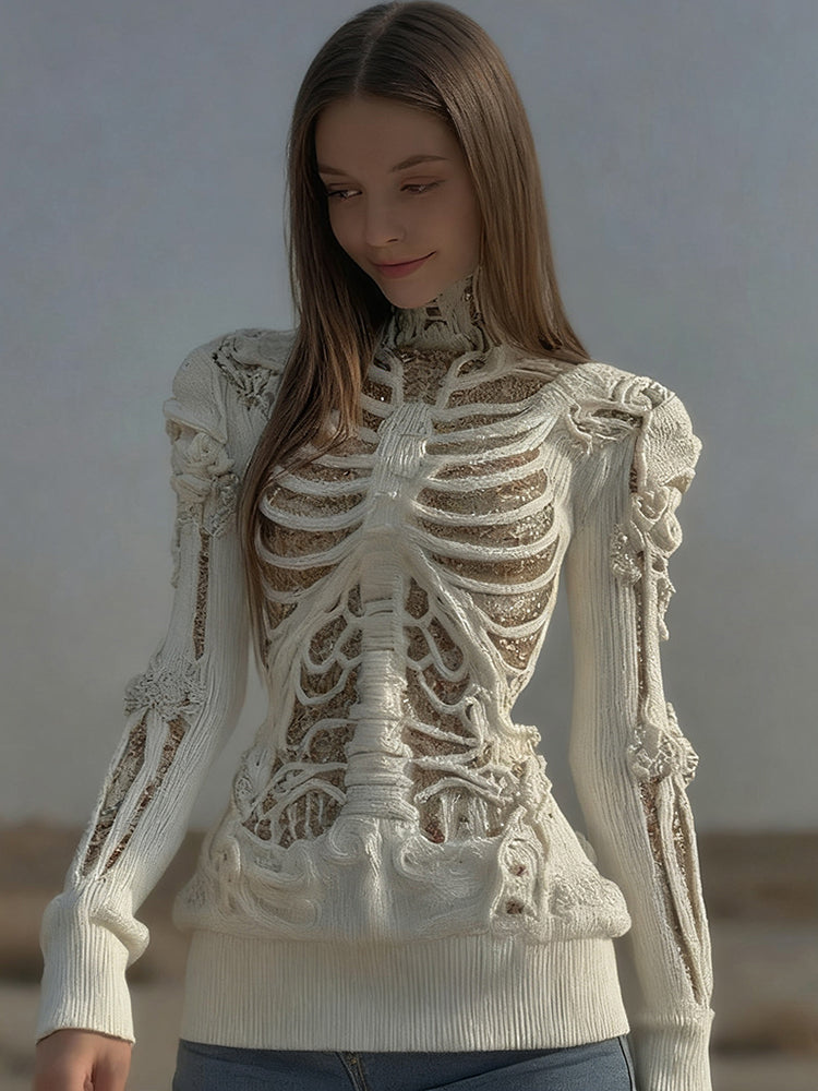 Halloween Skull Sequin Art Knitted Turtleneck Sweater