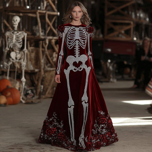 Women's Halloween Skull Floral Velvet Crew Neck Maxi Dress