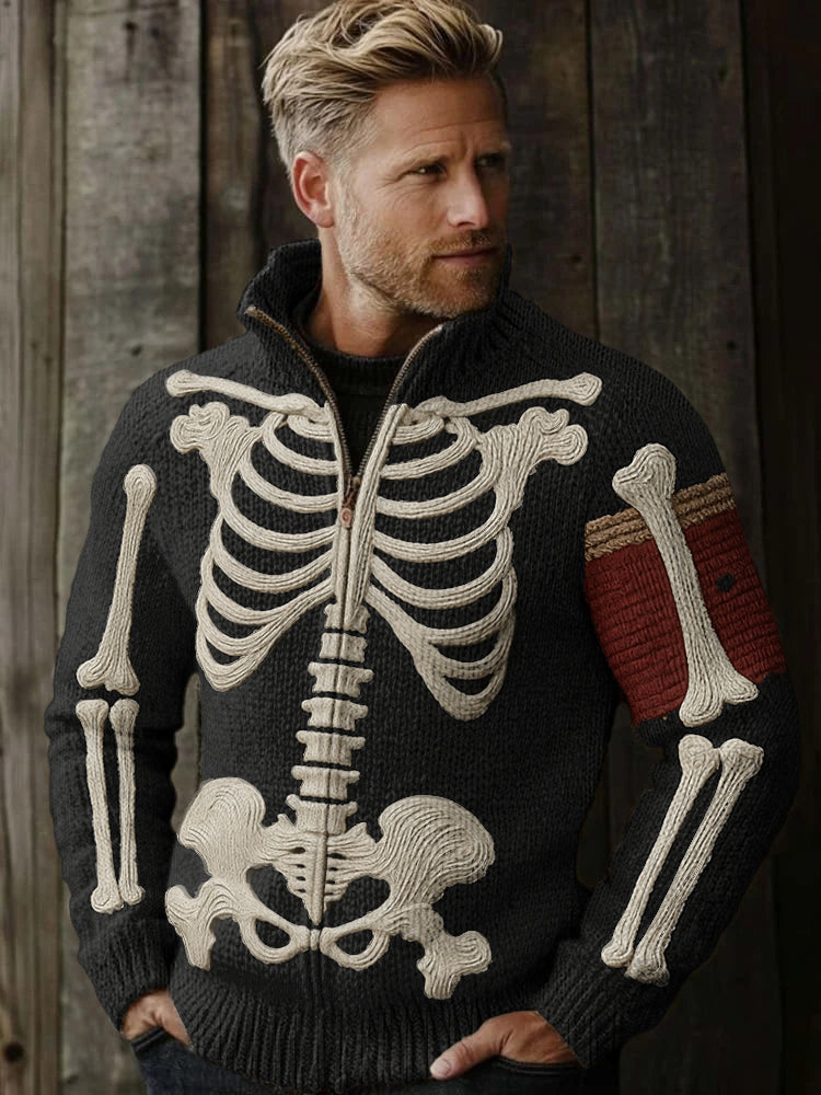 Classic Halloween Skeleton Bones Art Chunky Knitted Zipped Up Sweater
