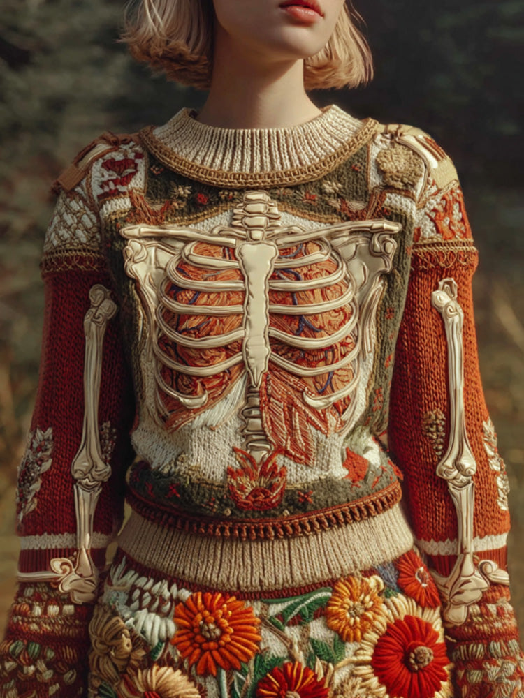 Vintage Halloween Human Anatomy Art Sense Thick Needle Round Neck Sweater