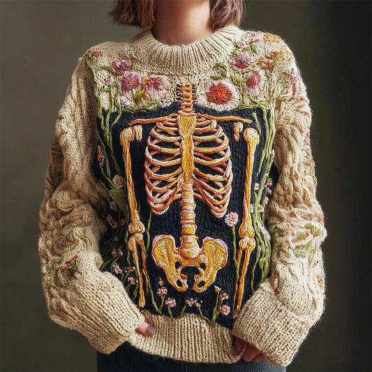Vintage Anatomical Skeleton & Floral Embroidery Women's Knit Crew Neck Sweater