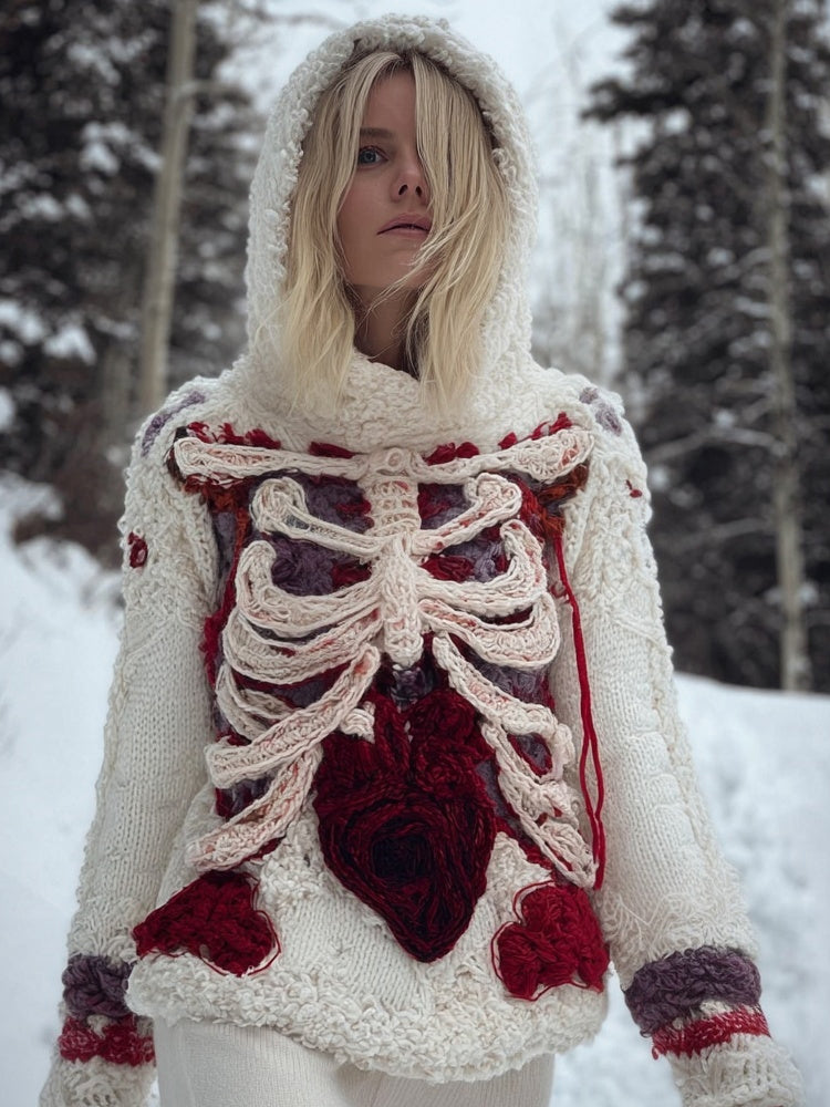 Vintage Halloween Anatomy Art Knit Fuzzy Hooded Sweater