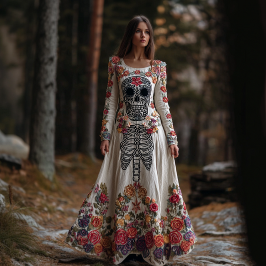 Woman's Round-necked Cotton And Linen Dress Is Designed With A Combination Of Halloween Plants, Flowers, And Skull Skeletons.