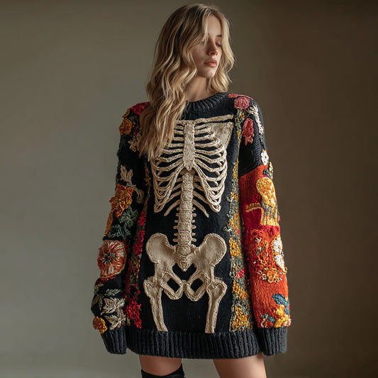 Women's Vintage Halloween Skull Flower Art Cozy Knit Sweater Mini Dress