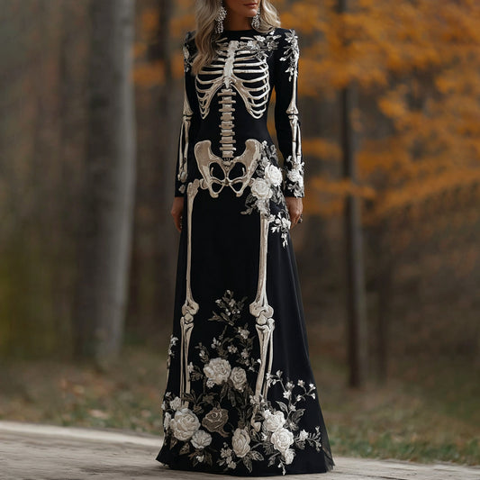 Women's Vintage Halloween Skeleton Bones With Rose Art Cozy Long Sleeve Maxi Dress