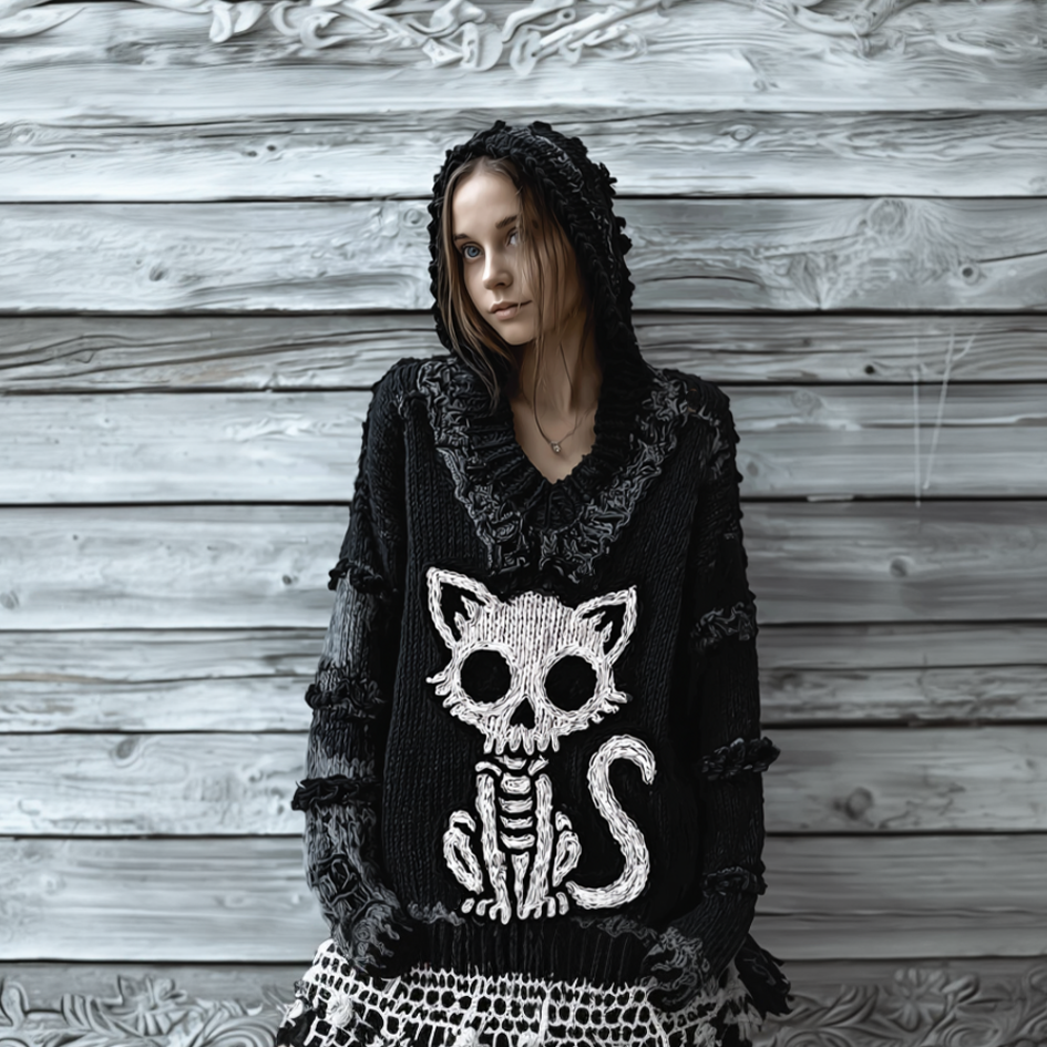 Halloween Cat And Skeleton Pattern Women's V-neck Hooded Knit Sweater
