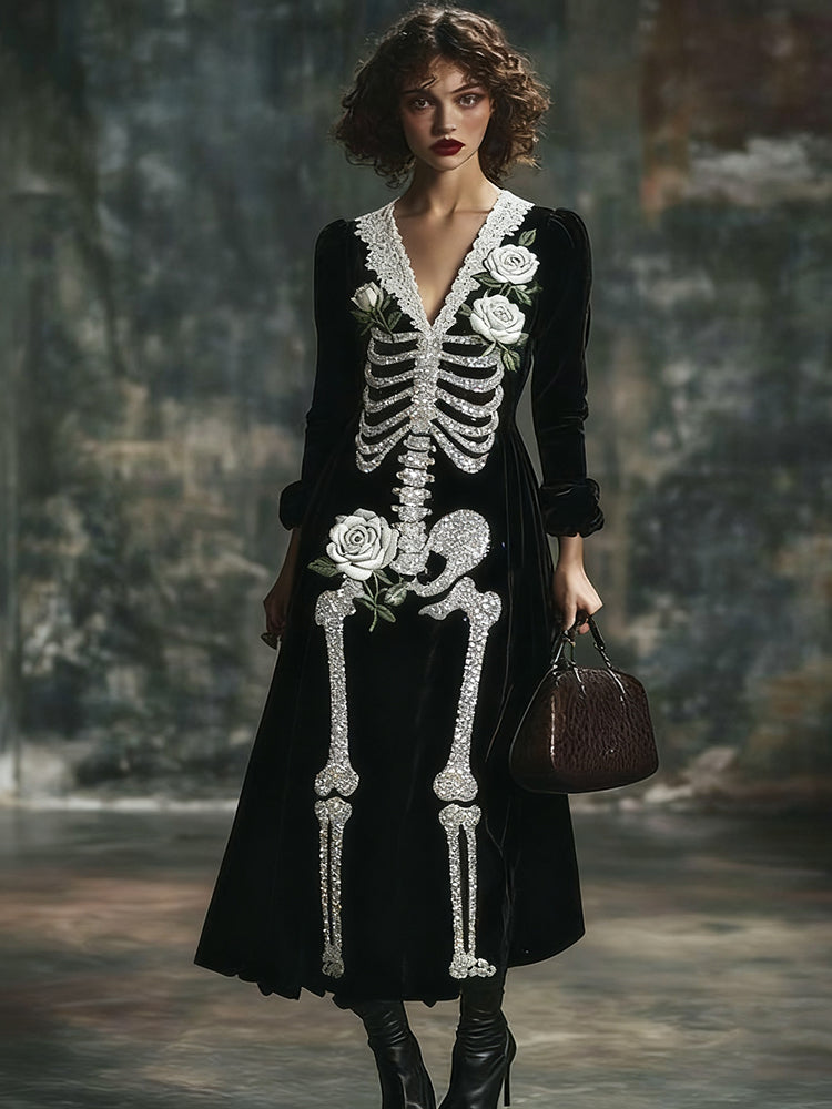Women's Halloween White Rose Skeleton Velvet V Neck Maxi Dress