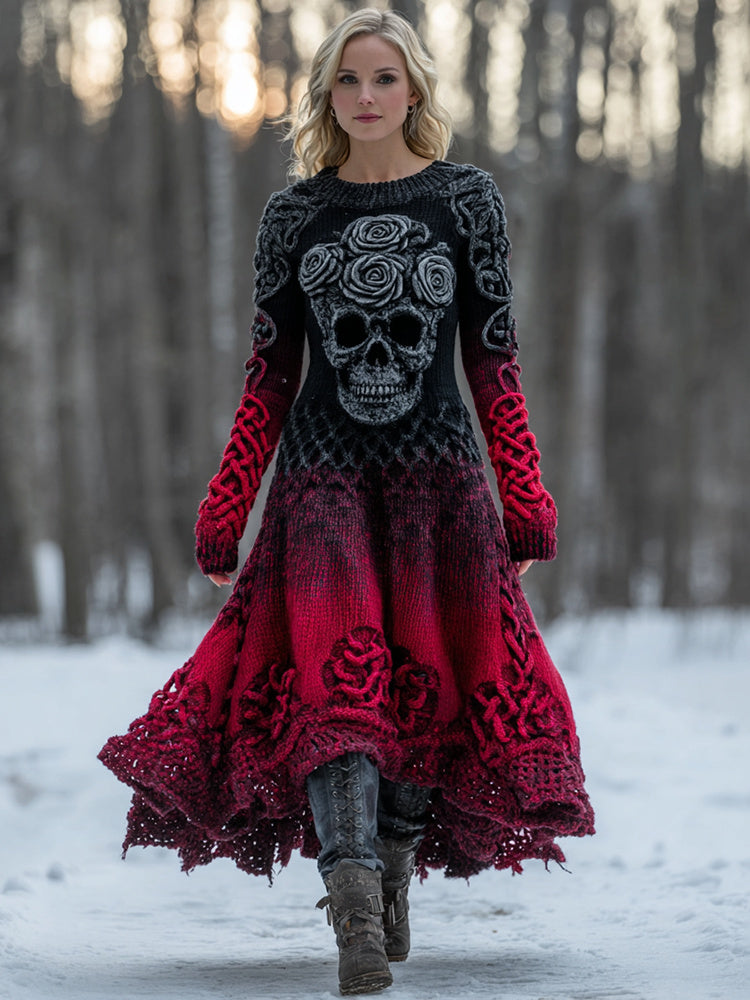 Women's Vintage Celtic Skull Gradient Art Comfy Sweater Long Dress