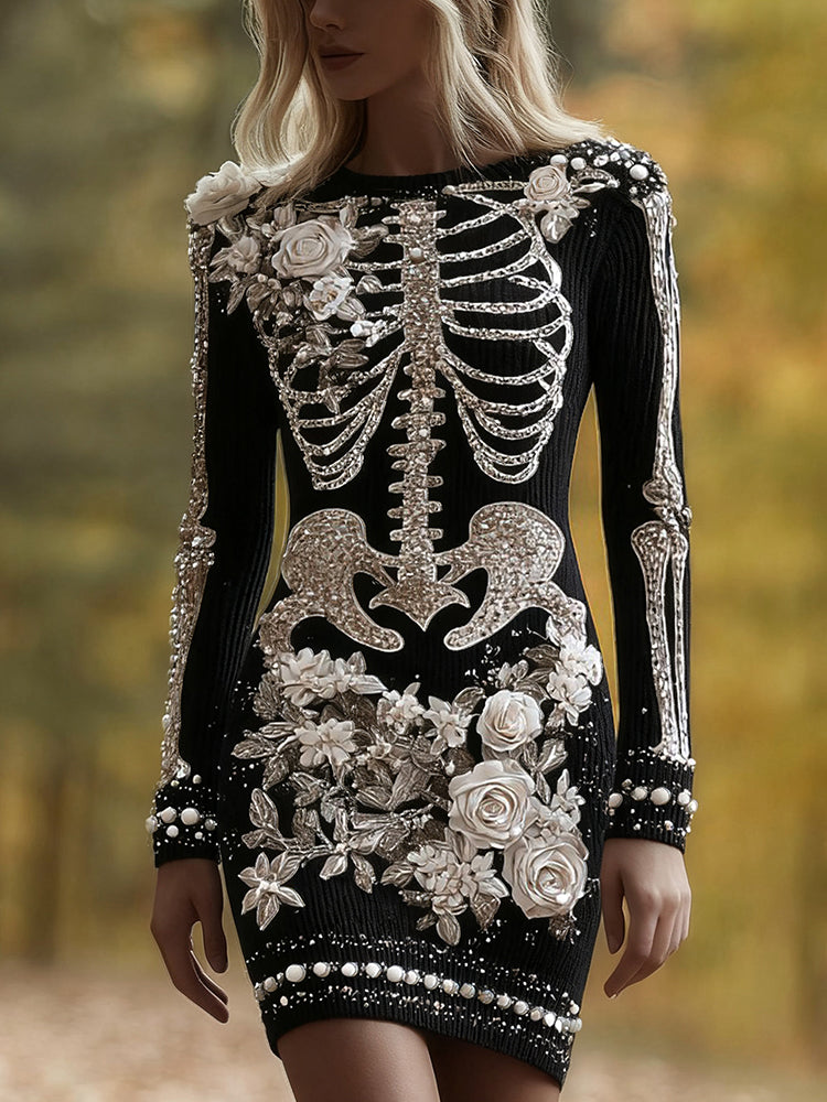 Classy Skull And Roses Art Cozy Knit Sweater Dress