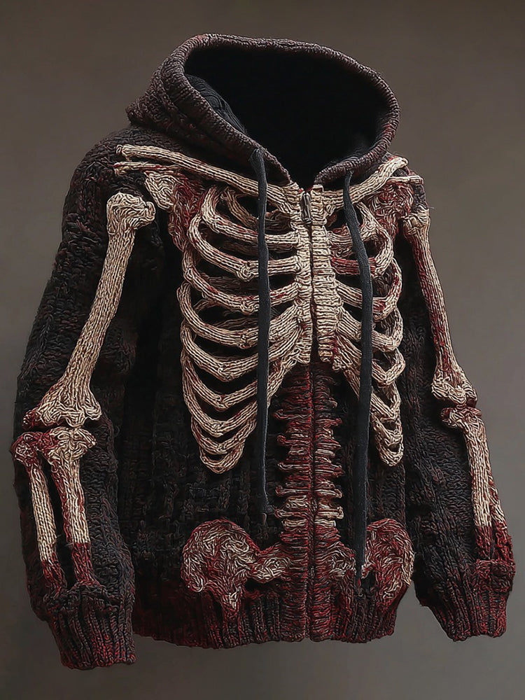 Men's Vintage Halloween Anatomy Art Knit Zip-up Hooded Sweater