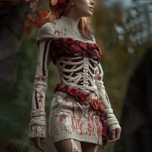 Women Halloween Skeleton And Rose Red Skirt