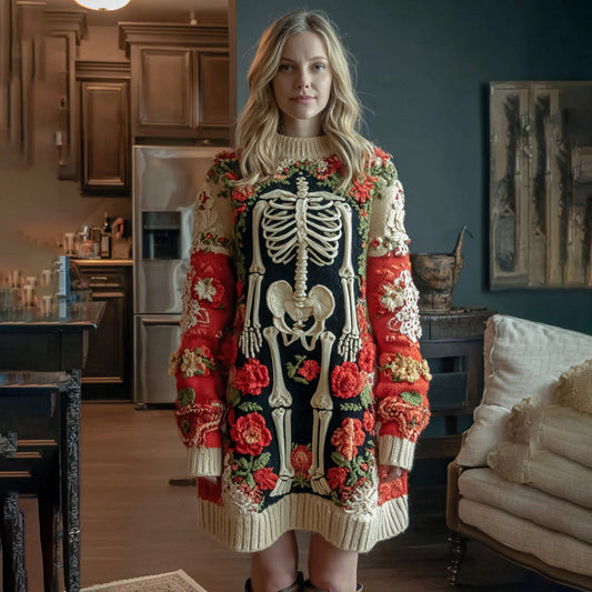 Women's Halloween Skull Flower Art Cozy Knit Sweater Mini Dress