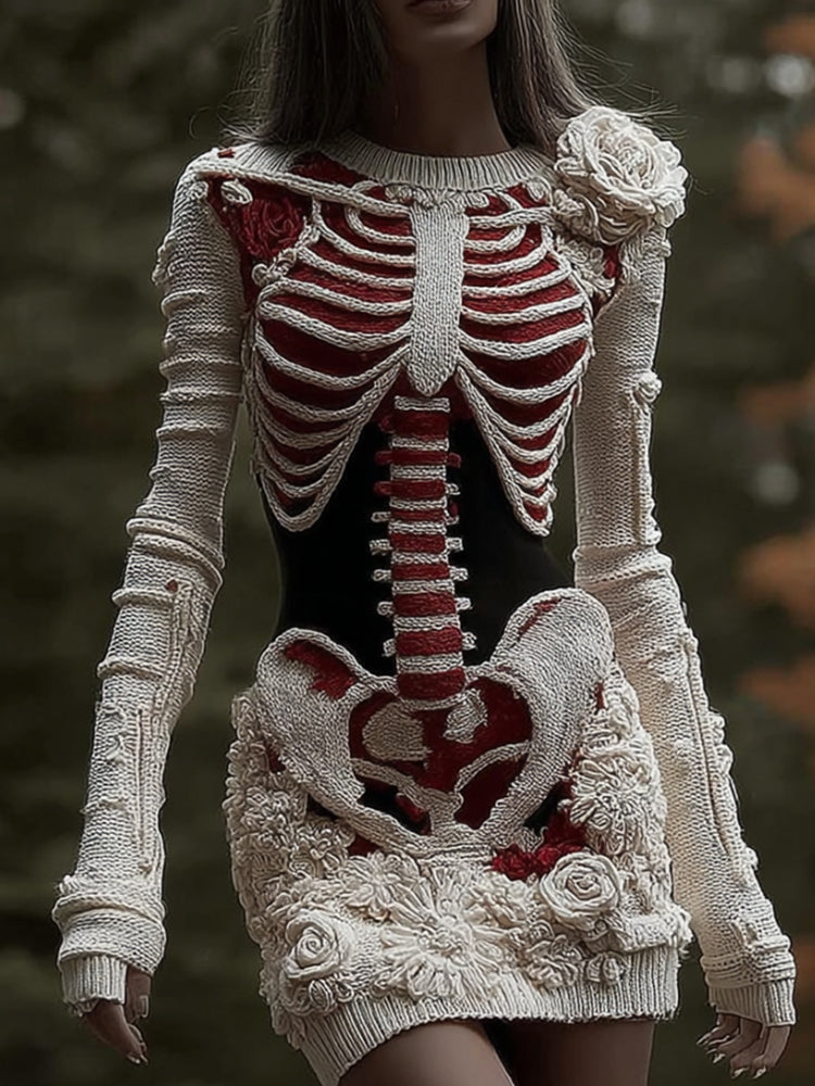Women's Halloween Skeleton Art Flower Embroidery Dress