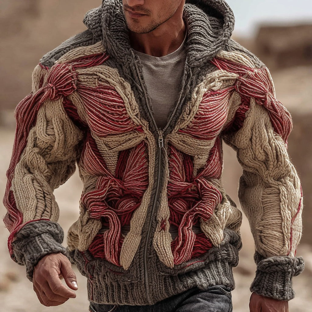 Men's Muscle Anatomy Art Warm Chunky Knit Zip-up Sweater