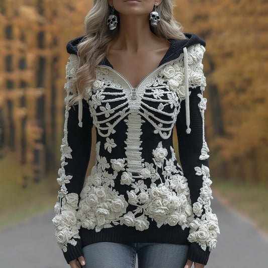 Women's Halloween Skeleton Bones With Roses Art Knitted Warm Half-neck Hooded Sweater