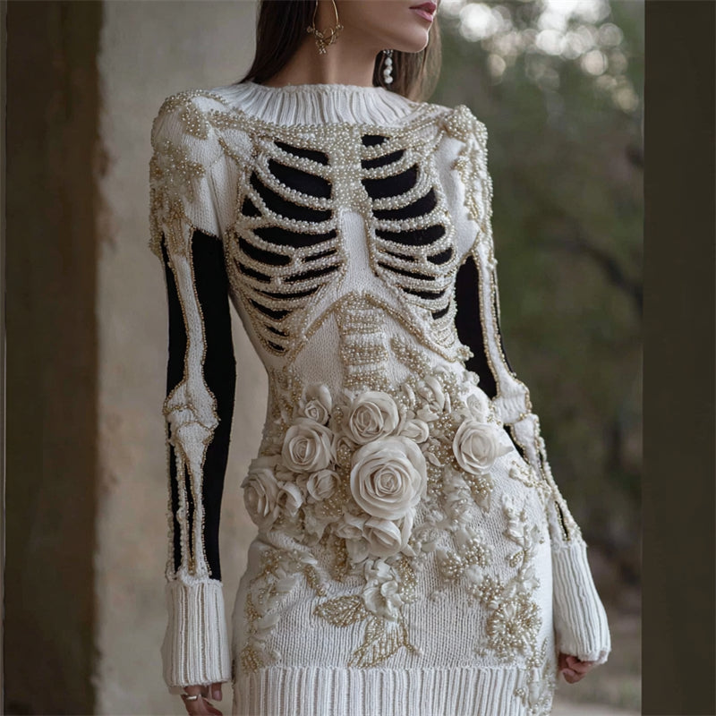 Halloween Roses Skeleton Pearls Beaded Cozy Knit Sweater Dress