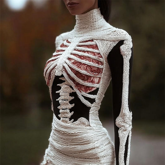 Halloween Skeleton Bandage Art Women's Knit Turtleneck Sweater