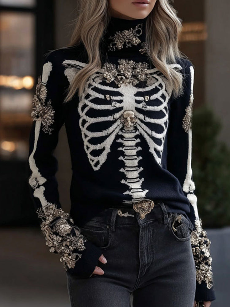 Women's Gothic Style Skeleton & Floral High Neck Cozy Sweater
