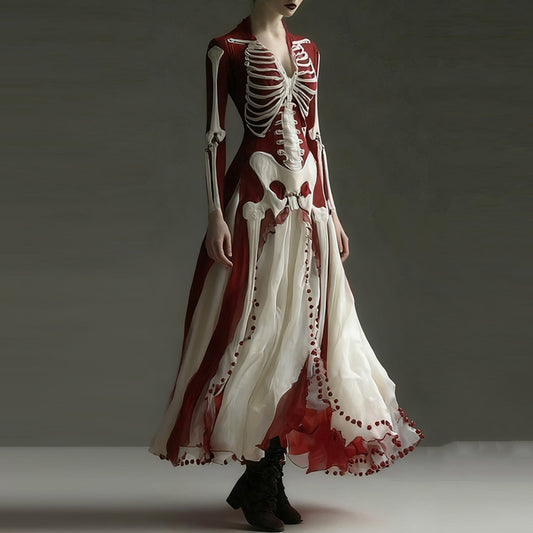 Women's Vintage Halloween Skull Art Linen V-neck Dress