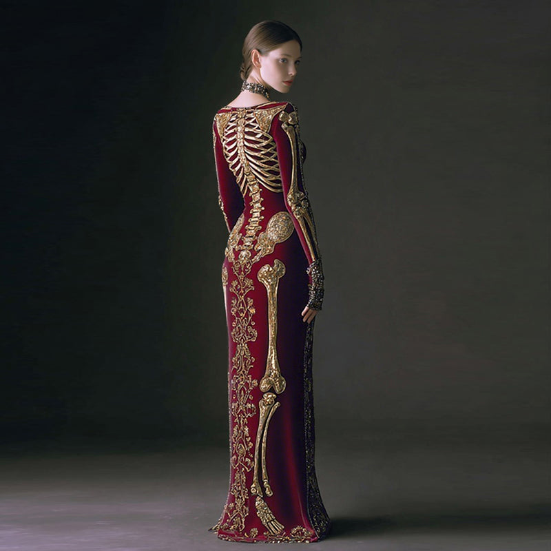 Women's Halloween Dark Brother Skull Velvet Round Neck Maxi Dress